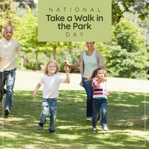 Family celebrating national walk in park day outdoors