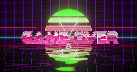Retro futuristic game over screen with digital grid and sunset