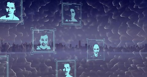 Digital profiles integrated over high-tech cityscape background