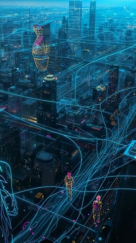 Guiding Avatars Along Neon Data Streams Above Futuristic Cyber City | Vertical Video