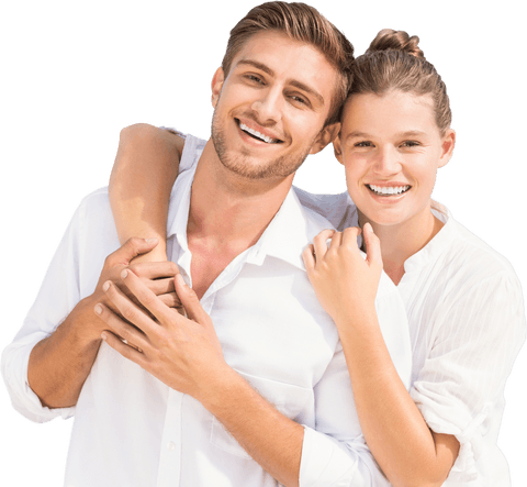 Smiling couple embracing on transparent background, love and happiness concept