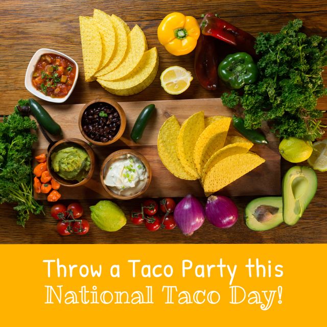 Perfect for social media posts, restaurant promotions, or National Taco Day celebrations. Useful for illustrating festive food arrangements or marketing culinary events.