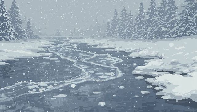 Snaking frozen river and icy stream in pixel art winter forest, minimalist retro landscape