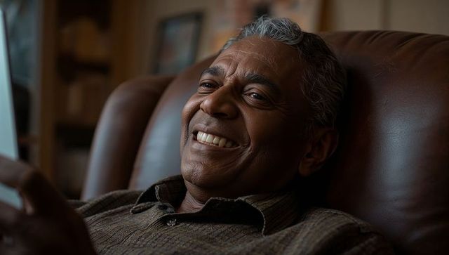 Smiling senior man reclining and using tablet in cozy living room