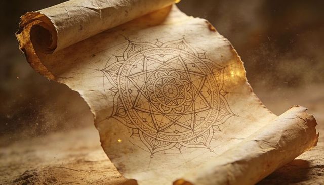 Ancient parchment scroll with intricate mandala on aged vellum, dusty sand, warm light