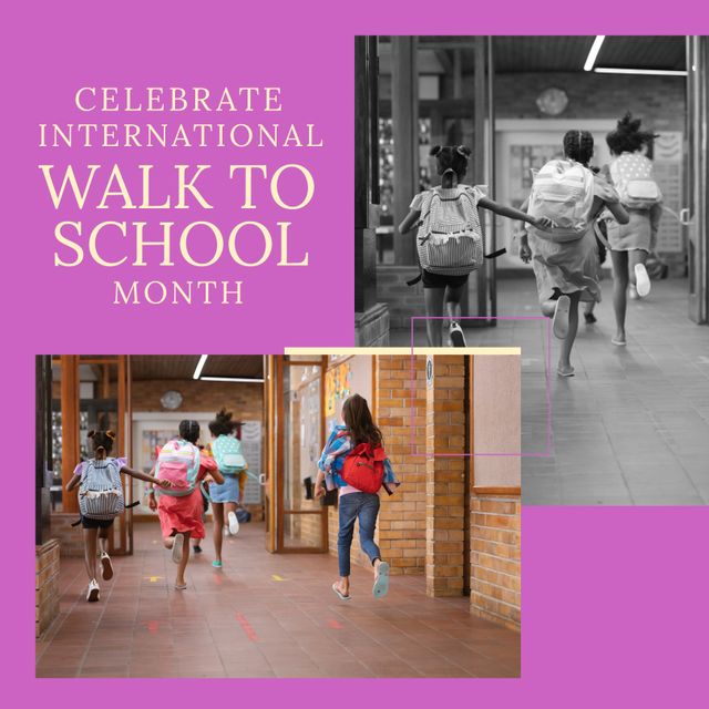 Multiracial students with backpacks running and celebrate international walk to school month text. Collage, composite, school, childhood, education, healthcare, fitness and active lifestyle concept.