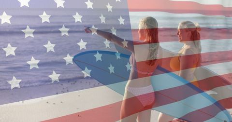 Two Surfers with American Flag Overlay on Sunny Beach