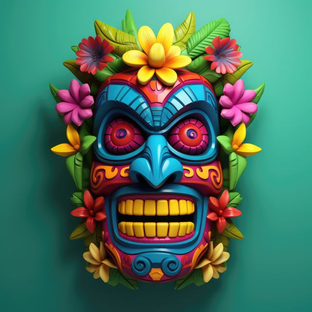 Detailed image of a traditional tiki mask adorned with brightly colored flowers, set against a green background. Useful for cultural events, Hawaiian themes, tropical party decor, artisan product promotions, and folklore illustrations.