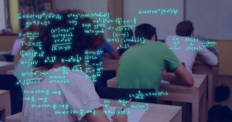 Mathematical equations overlay on diverse students in classroom