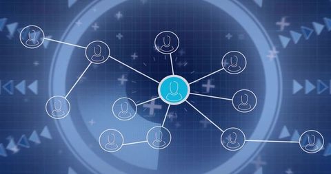 Central cyan user node linking outer avatars on blue hud network with radial topology