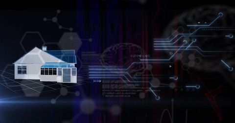 Futuristic house model with digital circuit lines