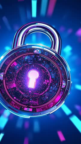 Appearing Cyber Padlock Securing Data with Pulsing Keyhole and Rotating Neon Bars