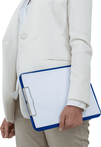 Businesswoman in white jacket holding transparent clipboard