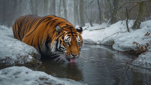 Bengal tiger drinking from snowy stream in misty winter forest, close-up wildlife portrait