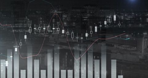 Digital analytics overlay with urban night skyline and candlestick chart