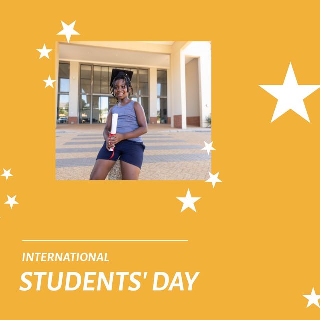 African american girl with certificate against school and star shapes and international students day. Text, childhood, achievement, composite, education, czech university, memorial and awareness.