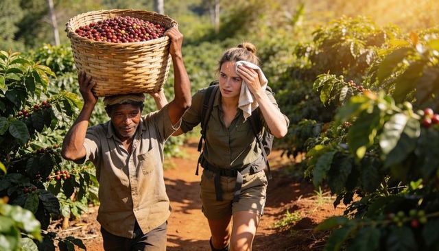 Coffee plantation workers carrying basket of ripe cherries along sunlit farm path