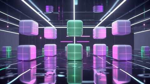 in a visually stunning futuristic setting, this scene features a floating neon green cube surrounded by other glowing cubes, creating a striking cyberpunk aesthetic. the shiny floor and suspended luminous bars enhance the futuristic feel. ideal for science fiction and digital art themed projects, technology presentations, backgrounds for ai or blockchain content, and creative concept exploration in visual media.
