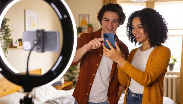 Recording social media content with ring light duo creators collaborating in bedroom studio