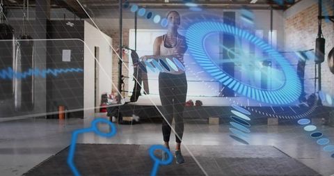 Woman jumping rope in industrial gym with augmented reality fitness data overlay