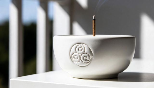 Burning incense stick in white ceramic bowl with triskelion emblem on sunlit balcony