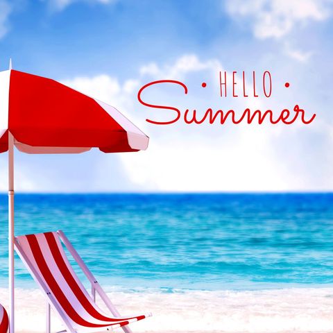 colorful beach scene with hello summer text - Download Free Stock Templates Pikwizard.com