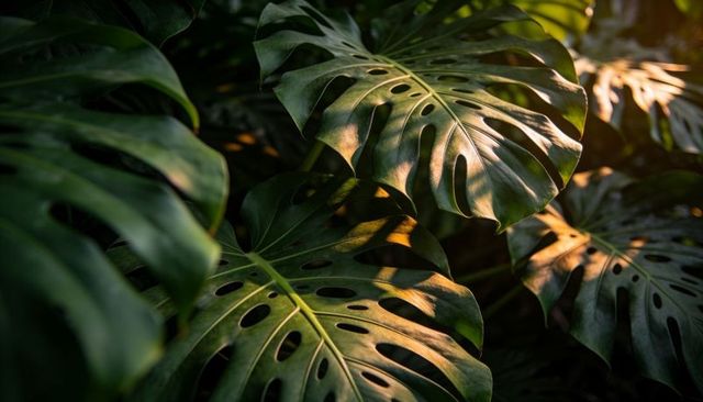 Sunlit monstera deliciosa leaves with dramatic fenestrations and dappled shadows, tropical canopy