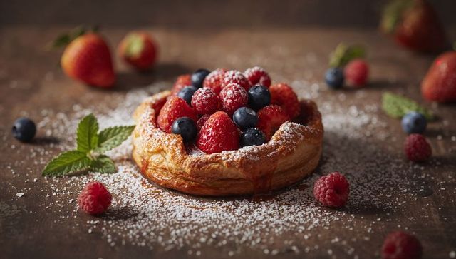 Rustic mixed berry tart on golden puff pastry dusted with powdered sugar and mint