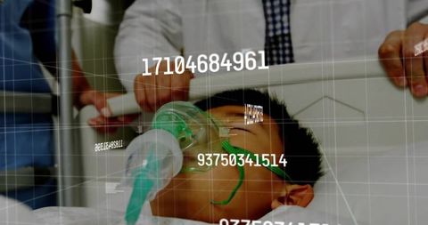 Child Wearing Oxygen Mask Confined to Hospital Bed with Data Overlay