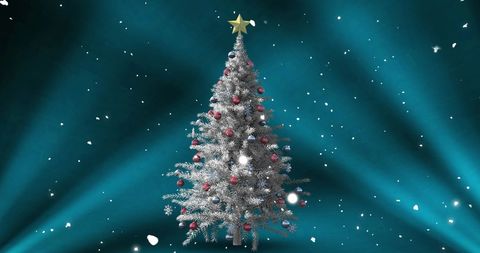 Enchanting Christmas Tree with Falling Snow on Blue Background