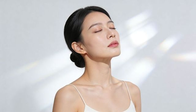 Serene asian woman tilting head with closed eyes, soft light prism streaks for skincare and wellness