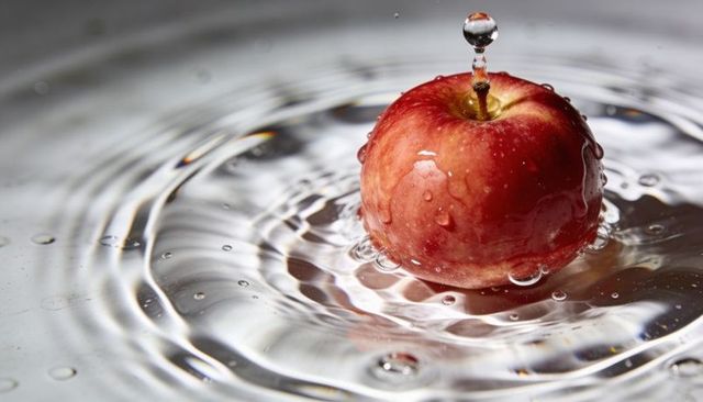 Floating glossy red apple creating ripples and droplet crown in shallow water closeup