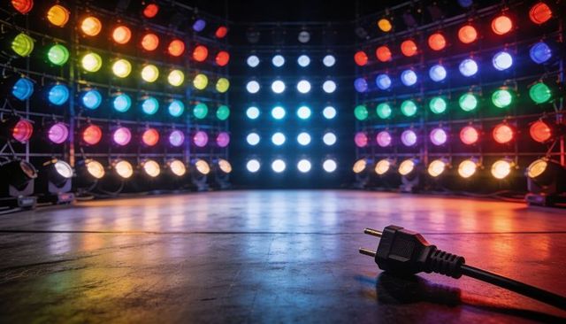 Stage Plug Resting on Reflective Floor amid Vibrant Multicolor LED Light Array