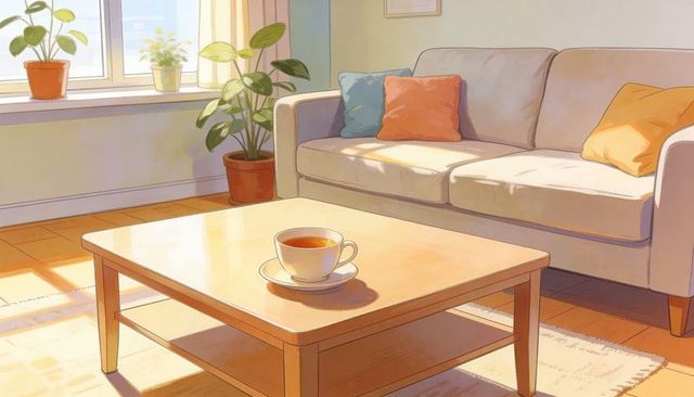 Sunlit cozy living room featuring wooden coffee table with tea cup and cushioned sofa