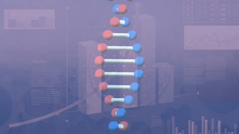 Abstract DNA Strand with Digital Data Overlay in Purple Tones