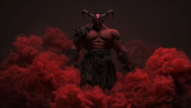 Formidable Devil Emerges from Red Vapor in Eerie Shadow