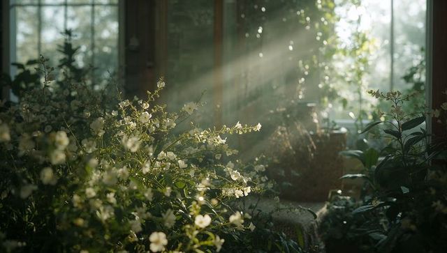 Glowing white blooms catching sunbeams in glass conservatory with wicker planter
