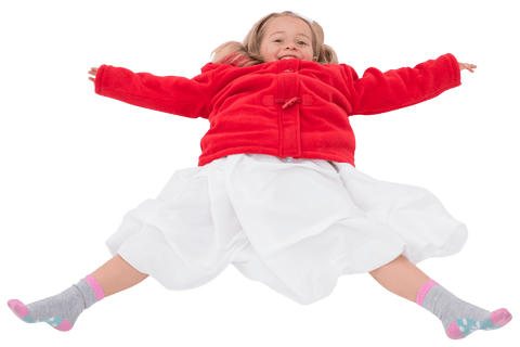 Joyful Child in Red Coat Relaxing on Transparent Background
