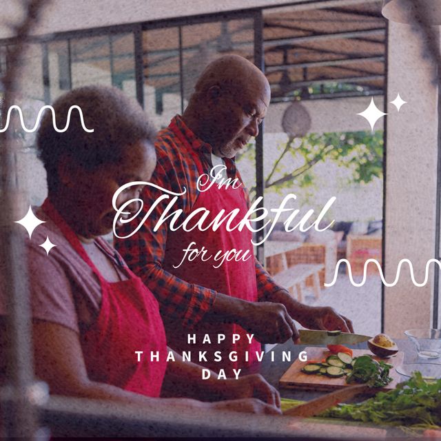 Elegant scene of senior African American couple joyfully preparing a meal in kitchen, conveying gratitude and togetherness. Ideal for holiday greeting cards, social media posts, Thanksgiving event promotions, and articles on celebrating Thanksgiving with loved ones.