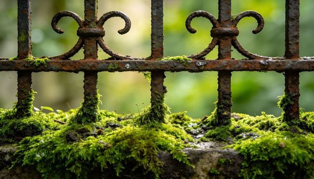Moss-covered rusted iron fence with dewy patina and ornamental scrollwork close-up