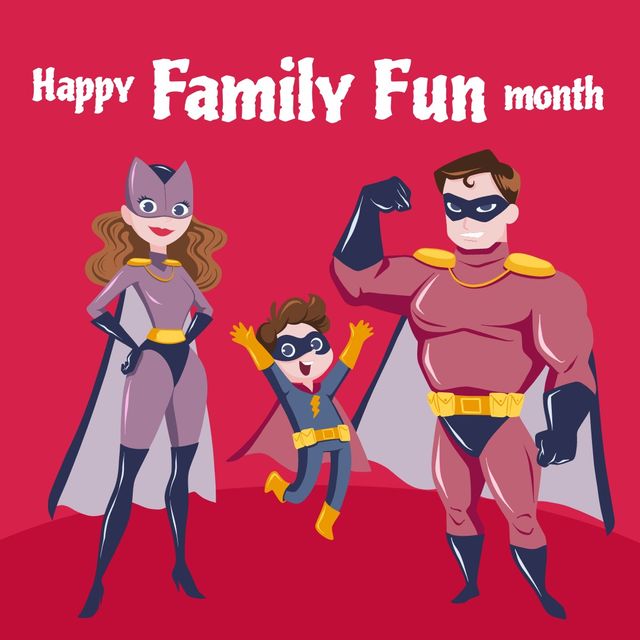Illustration of parents and son in superhero costumes and happy family fun month text, copy space. pink background, power, vector, family, love, togetherness, childhood, enjoyment and celebration.