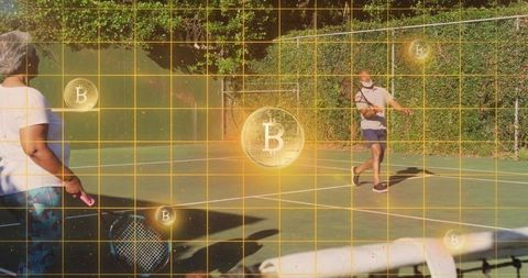 Active Seniors Playing Tennis with Digital Bitcoin Overlay