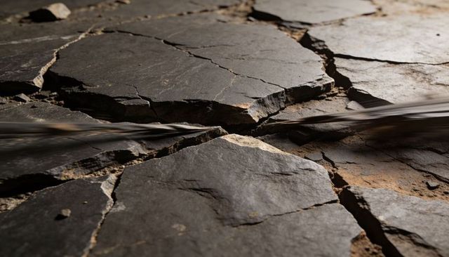 Cracked slate slab with flowing rivulet over fractured bedrock and sandy crevices