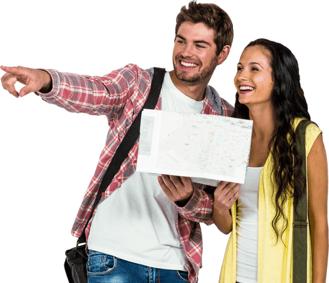 Smiling tourist couple holding map transparent background