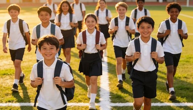 Elementary students walking across sunlit sports field wearing white polos and navy uniforms