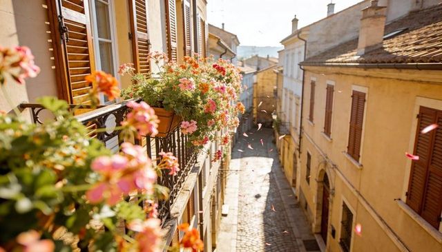Sunlit geranium balcony overlooking cobblestone alley with drifting petals and terracotta shutters