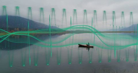 Serene lake rowing with abstract teal waveform art overlay