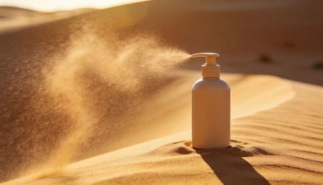 Spraying white pump bottle casting long shadow while sending sand plume across sunlit dune
