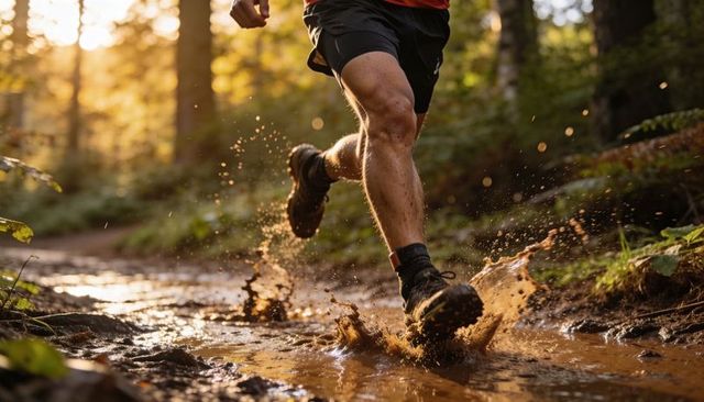 Trail runner splashing through muddy puddle on sunlit forest path, golden hour action