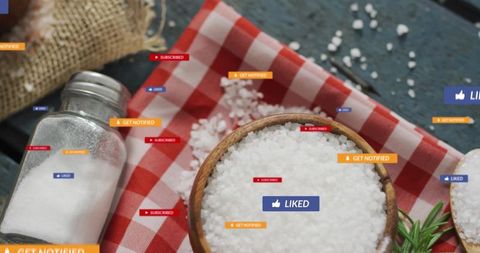 Salt crystals in rustic kitchen with digital labels highlight culinary experience